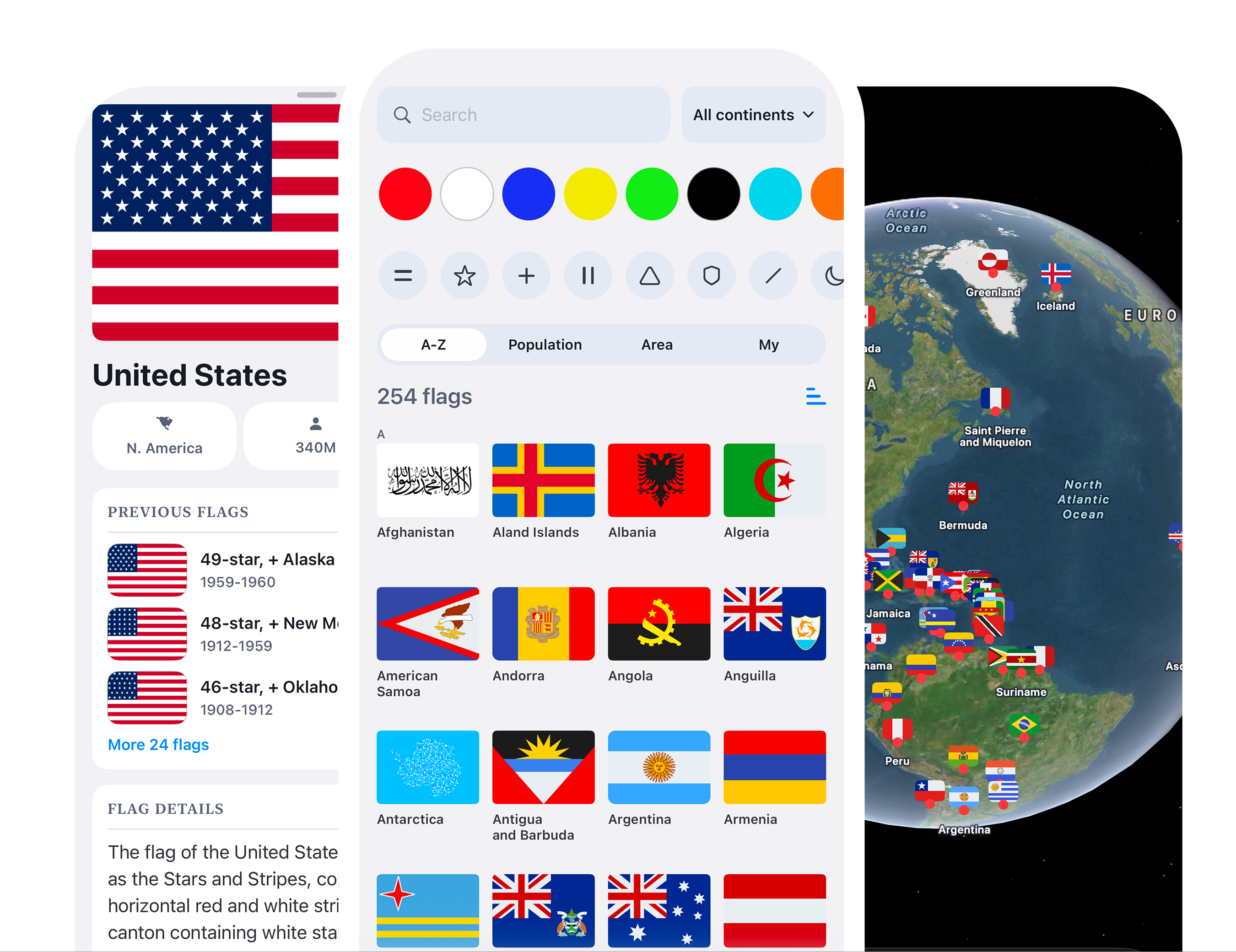 FlagSearch app screens showing flag search, history and map features.